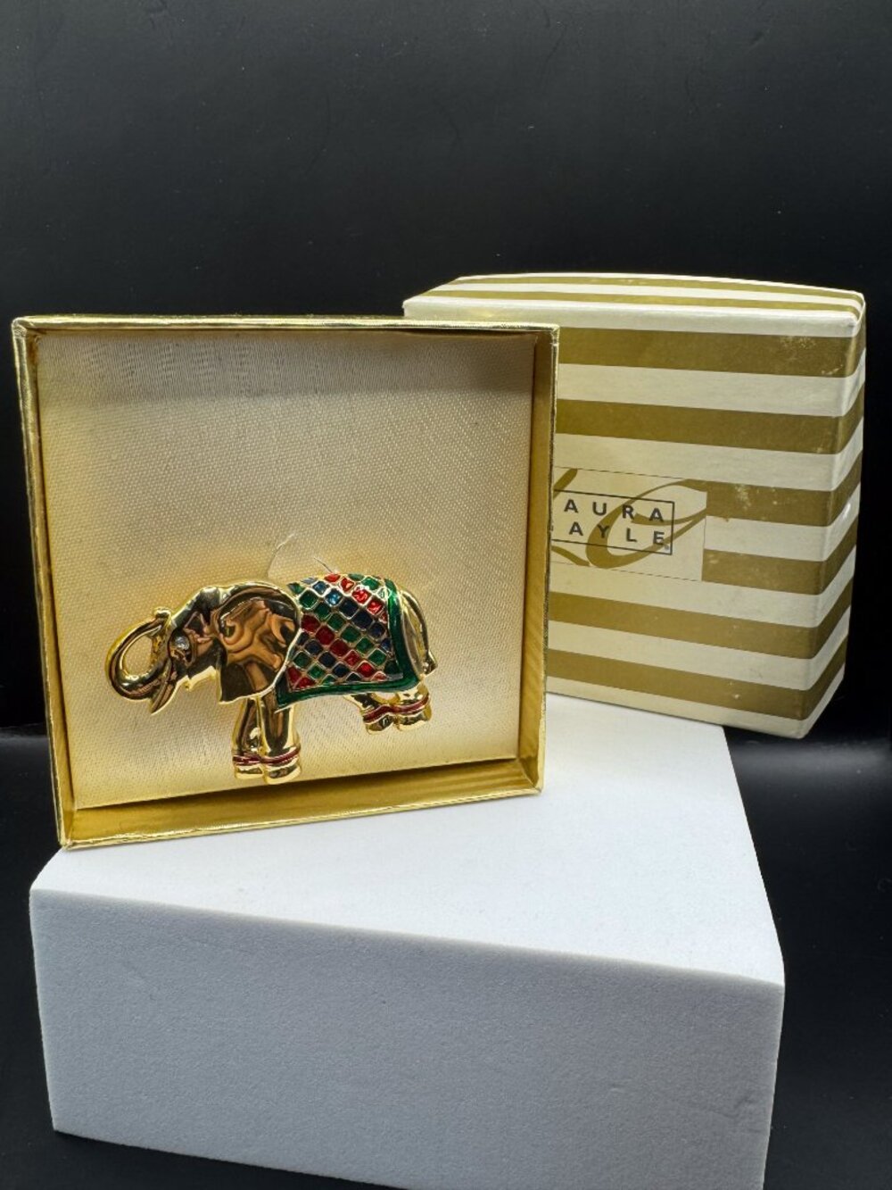 Vintage Laura Gayle Elephant Brooch Gold Tone Enamel Rhinestone w/ Box